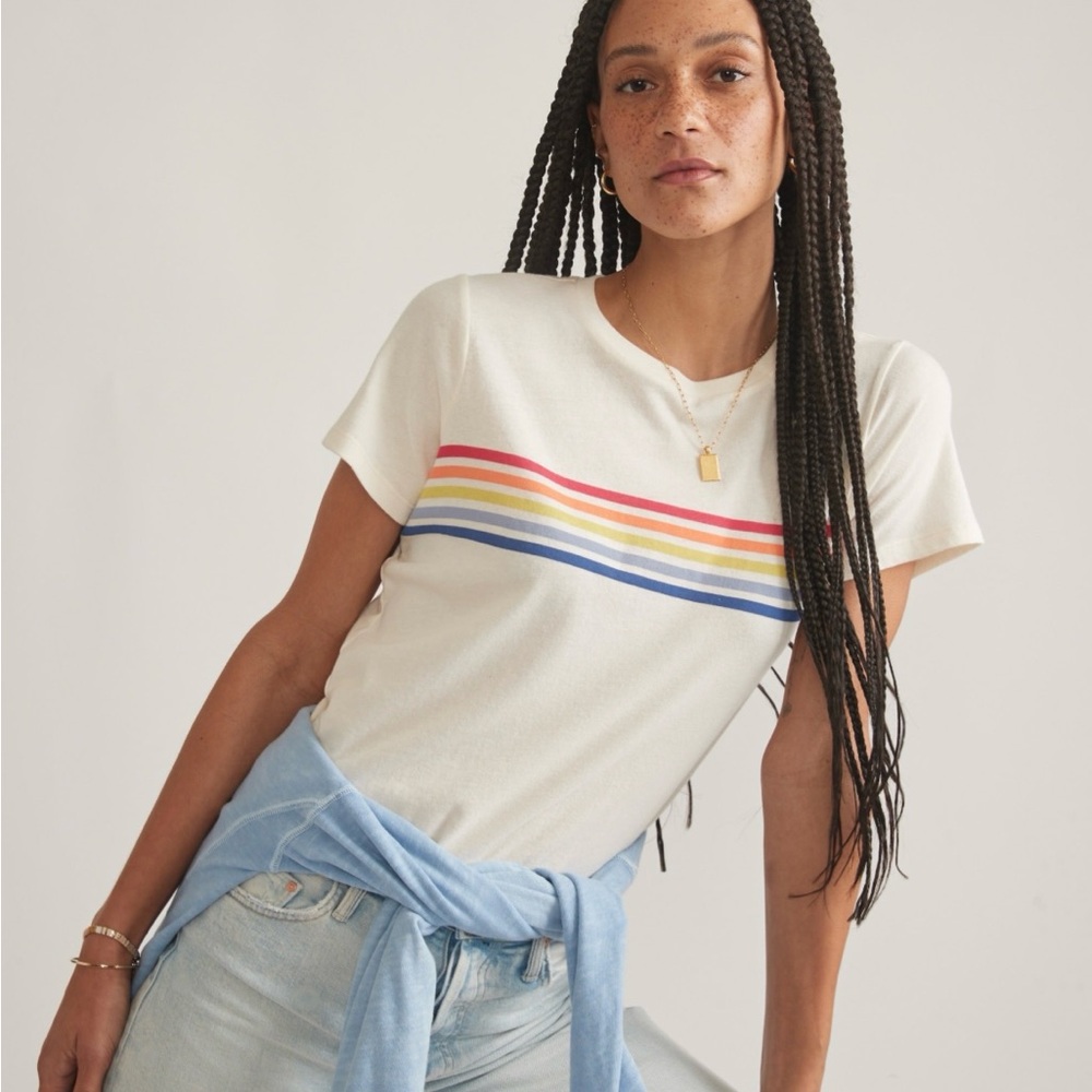 Marine Layer Easy Crop Graphic White Tee with Rainbow Stripes